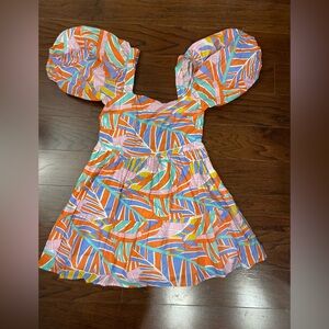 BRITON COURT puff sleeve dress in colorful palm tree print size small cotton